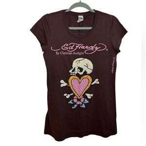 Ed Hardy Vintage Y2K Brown Embellished Skull Tee